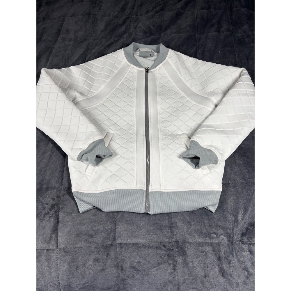 Athleta Mens White Quilted Full Zip Bomber Jacket Grey Trim Small 67341